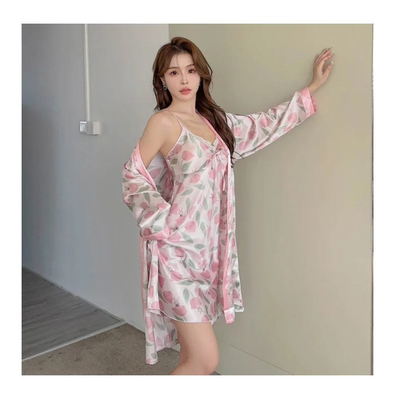 Ladies Spring and Autumn Pajamas Set Long-Sleeved Ladies Sexy Halter Nightgown Printed Simulation Silk Halter Nightgown Robe Set