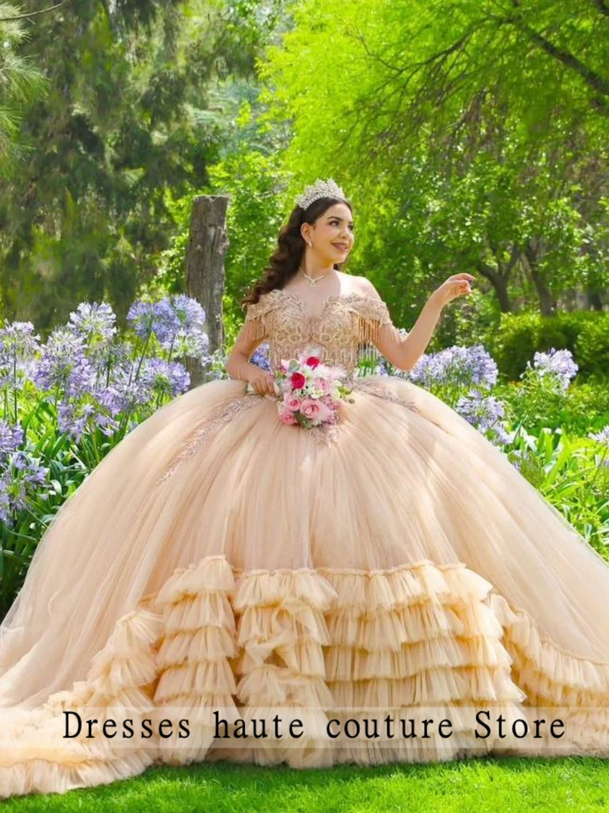 

Роскошное платье принцессы Quinceanera цвета шампанского, 2025 г., милое платье с оборками, милое платье 16, платье для дня рождения, на шнуровке по индивидуальному заказу