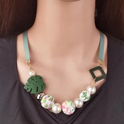 Wood Bead Statement Bib Necklace with Leaf Pendant and Satin Ribbon for Women Vintage Jewelry