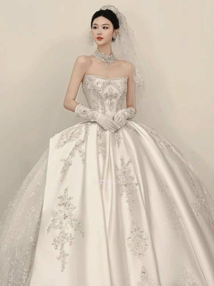 Satijnen strapless trouwjurk mouwloos luxe borduurwerk prinses sprankelende kralen bruidsjurk vestidos de novia aangepast