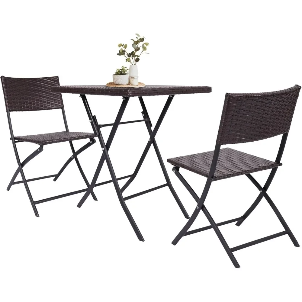 

3-Piece Rattan Folding Bistro Chair Set Handwoven Small Balcony Patio Furniture with Square Table