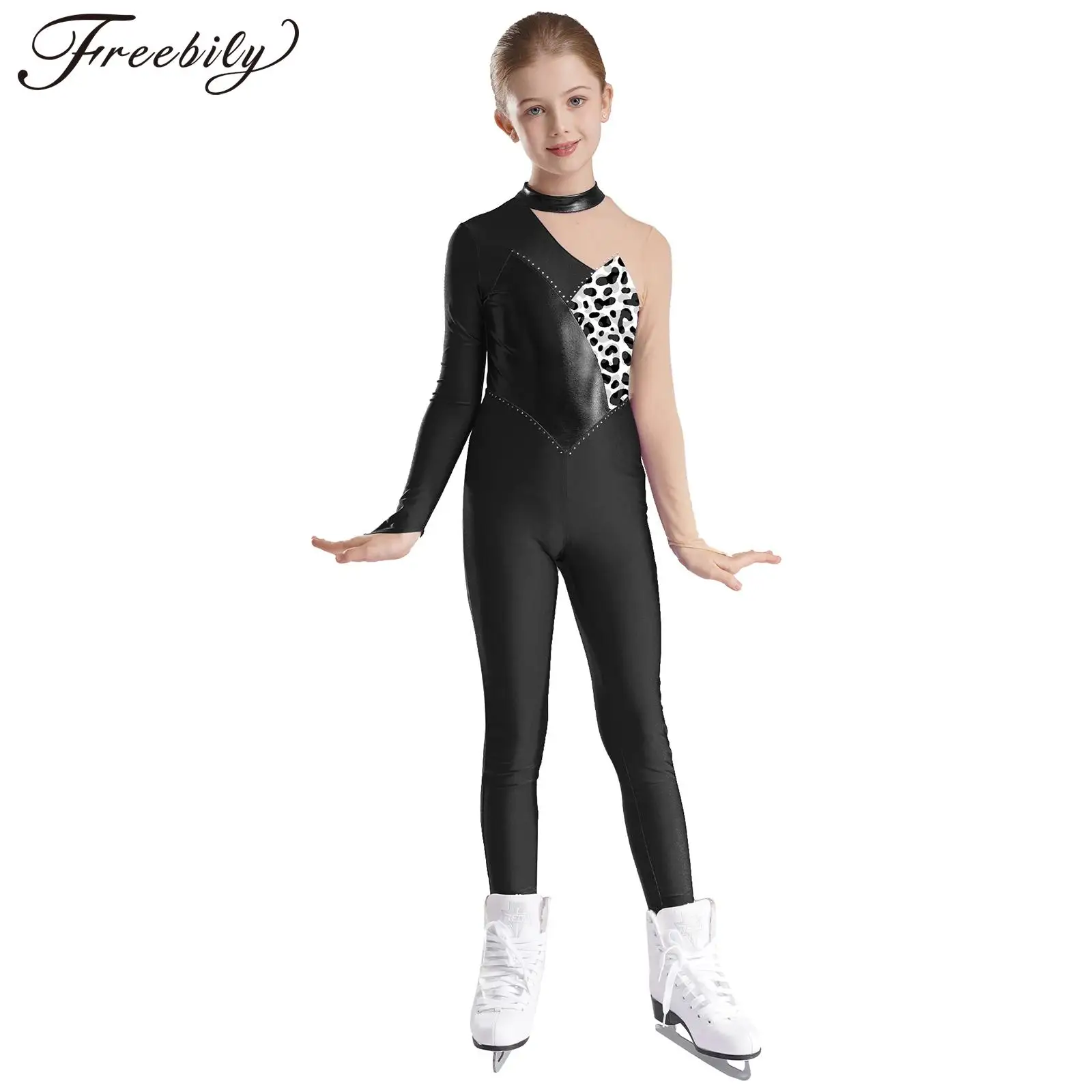 

Kids Figure Skating Bodysuit for Girls Metallic Patchwork Printed Rhythmic Gymnastics Jumpsuit Teens Long Sleeve Dance Leotard