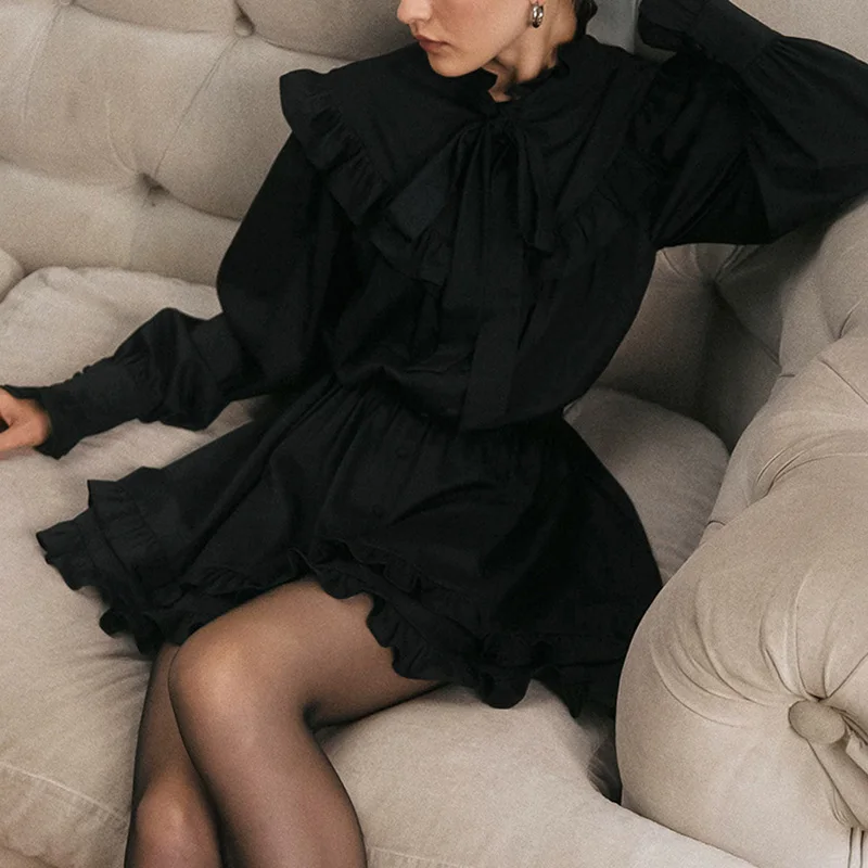 Ticketsx Vintage Lace Up Ruched Dress Elegant Solid Women Button Patchwork Mini Dress Fashion Commute Streetwear Lady Vestidos