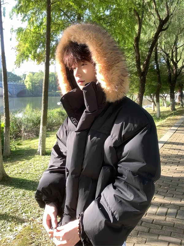 

Bla Detachable Fur Collar Cotton Jaet Men's Winter Thiened Warm Hooded Cotton Coat Cleanfit ort PU Leather Jaet