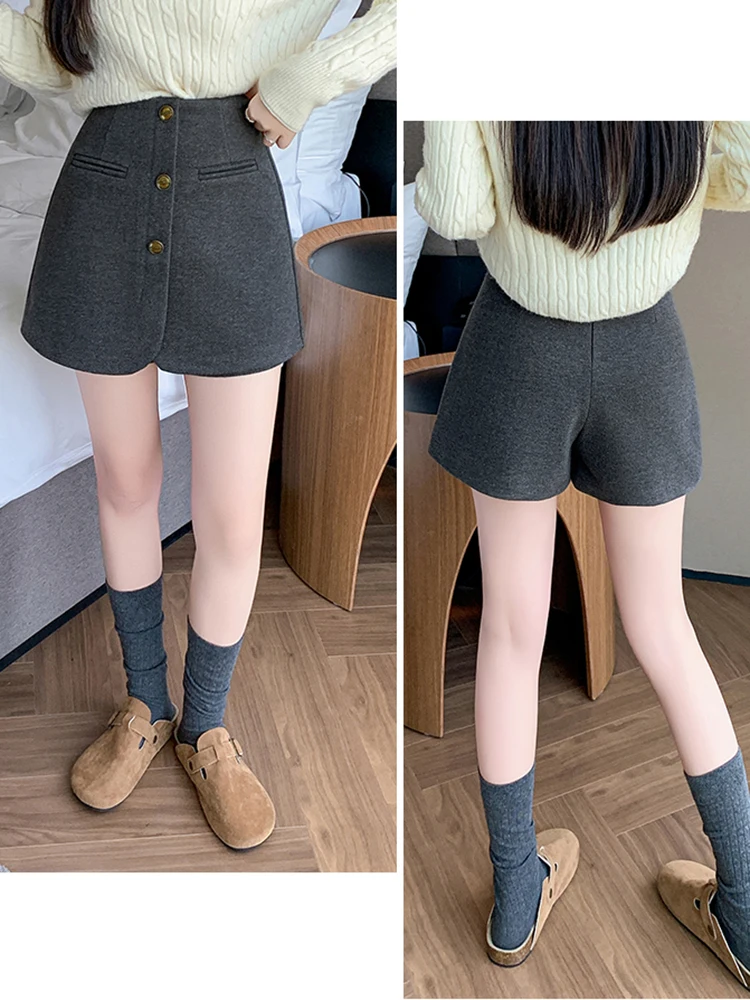 Vintage Winter Skirts Shorts Women Streetwear Loose Wide Leg Short Pants Femme Single Breasted Culottes Grey Black Brown Shorts