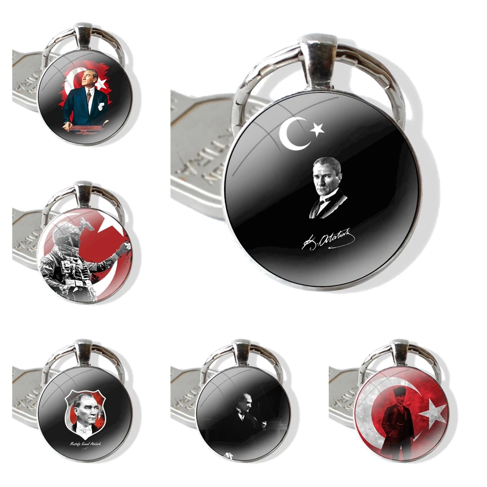 Keychain Handmade Glass Cabochon Key Ring Holder Pendant Key Chains Turkey Flag Mustafa Kemal Ataturk