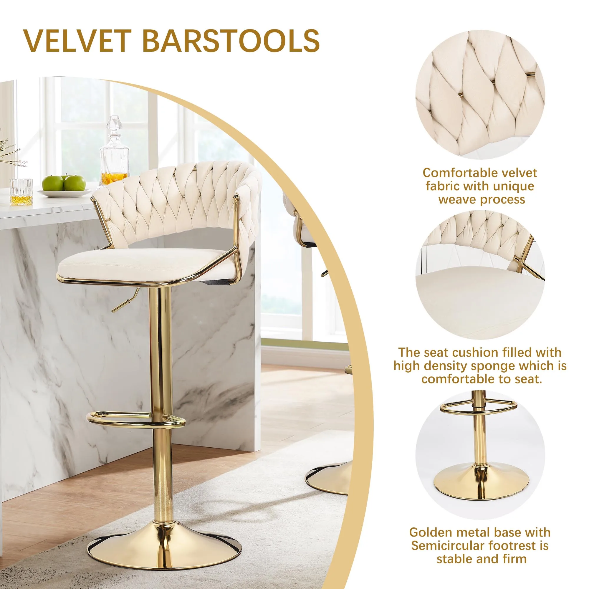 Paquete de 2 taburetes de bar y sillas de comedor con respaldo cómodo de terciopelo tejido a mano, taburete de mostrador de metal con base dorada de