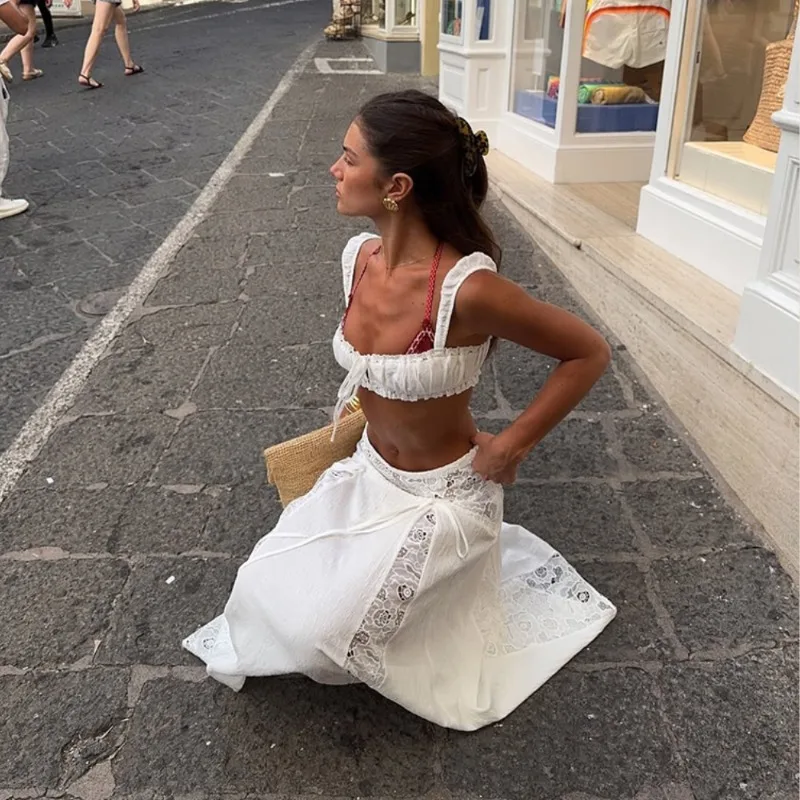 

French Style Ribbon Lace Patchwork 2 Piece Set Women Sexy Spaghetti Straps Crop Tops + A-line Maxi Skirts Vacation Beach Suits