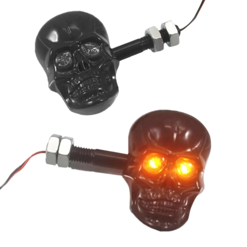 Upgraded Motorbike 10mm Screw Skull Head LED Amber Turn Signal Indicator Light Easy Installation Black/Silver Durable