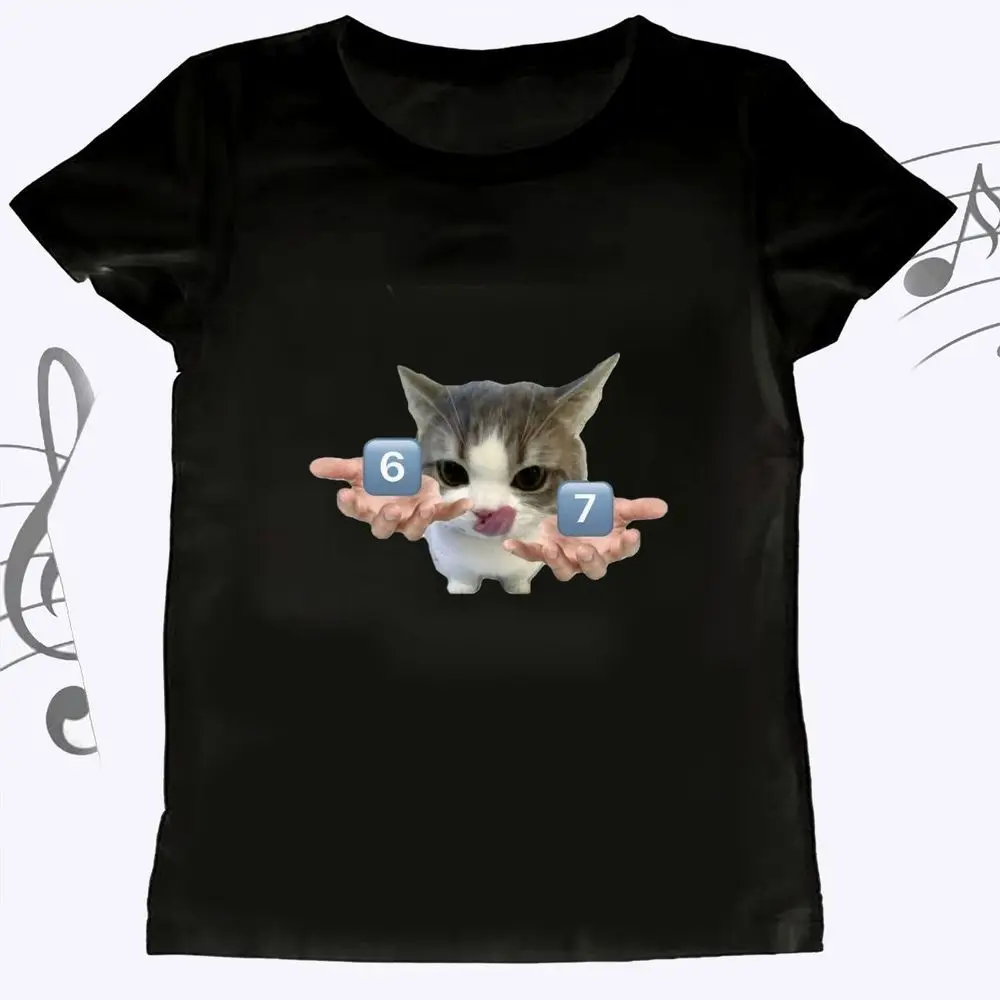 Funny Six Seven 67 Cat Graphic T-Shirt Women Summer Short Sleeve Number Print Cute Animal Tee Female Aesthetic Harajuku Y2K Top