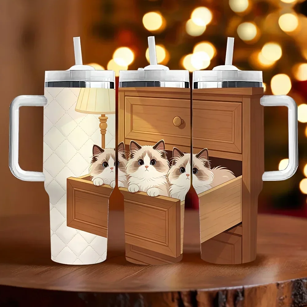 40Oz Insulated Tumbler with Handle, Cute Ragdoll Cats Peeking from Drawer Print, Perfect Holiday Birthday Gift for Cat Lovers, Long-Lasting Heat Preservation for Daily And Outdoor Use