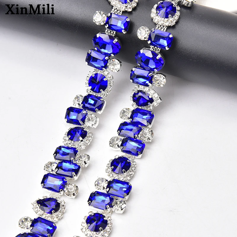 1 Yard Sapphire Leaf Rhinestone Trim Flower Crystal Metal Chain Sew on Women Dress Clothing Shoes Ornament Accessories