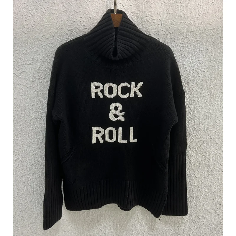 Zadig sweter z golfem damski czarny sweter sweter Casual Rock swetry z literami kobiece luźne zagęszczone swetry z dzianiny kaszmirowej