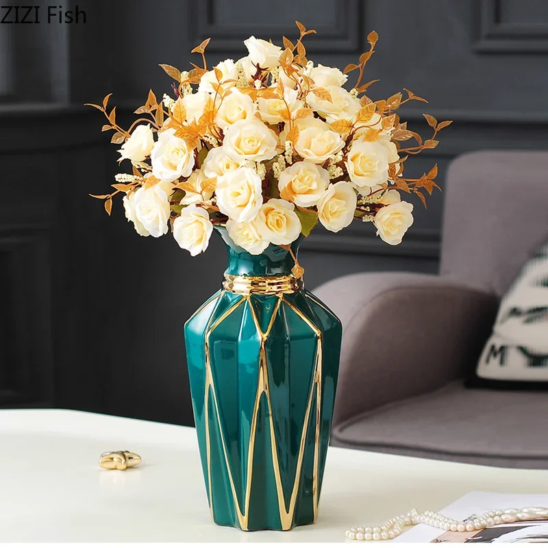 European Dark Green Ceramic Vase Electroplating Golden Living Room Porch Flower Arrangement Crafts Flower Vase Home Decoration