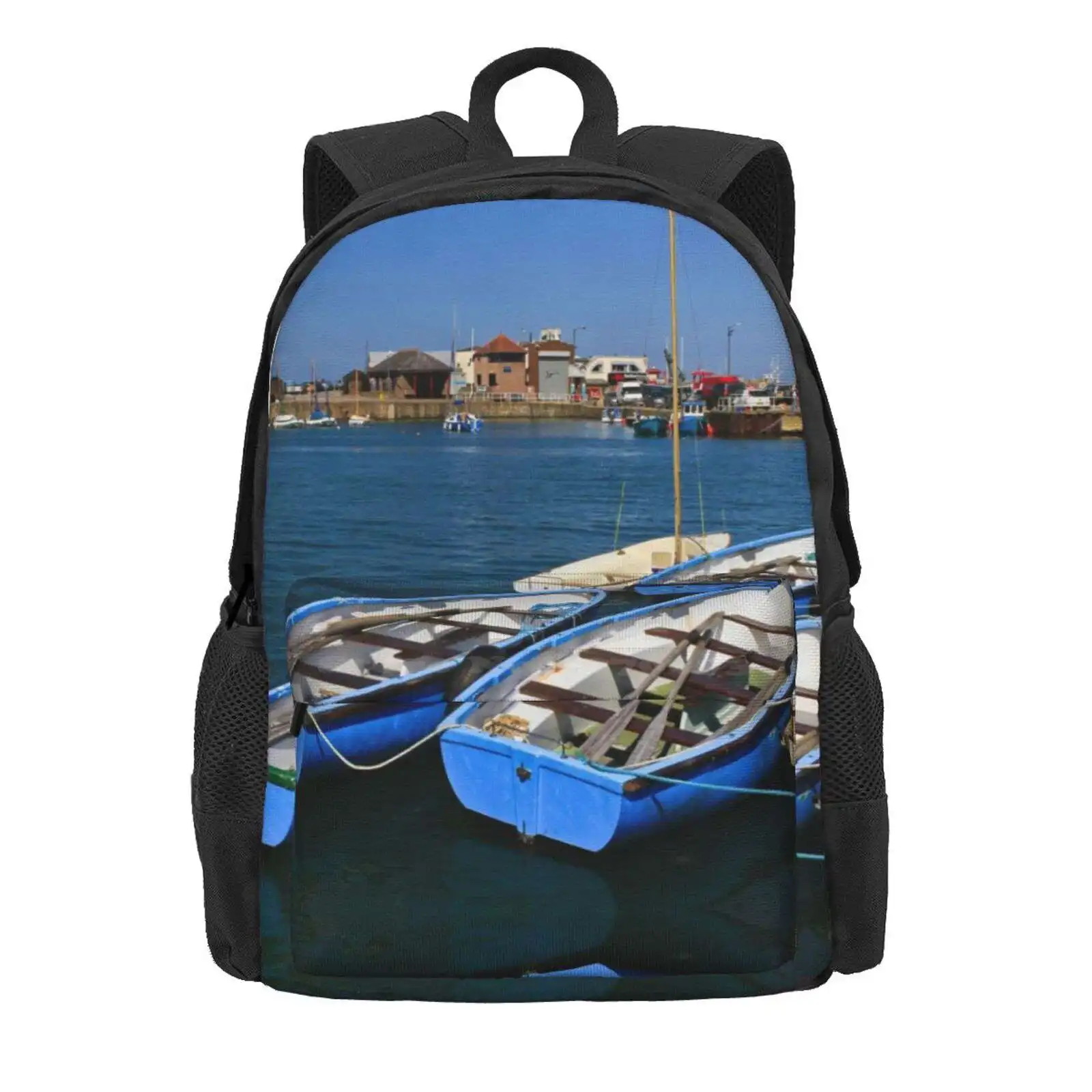 Summer Boats At Stonehaven Hot Sale Schoolbag Backpack Fashion Bags Stonehaven Harbour Boats Summer Sunshine Aberdeenshire Blue