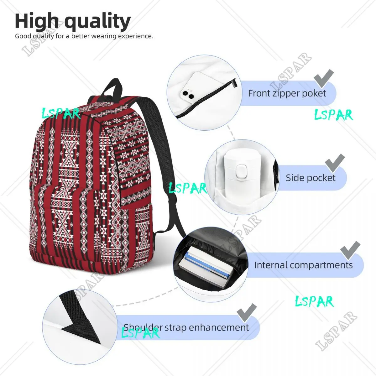 Personalized Red Kabyle Carpet Pattern Canvas Backpack Men Women Fashion Bookbag for College School Geometry Geometric Bags