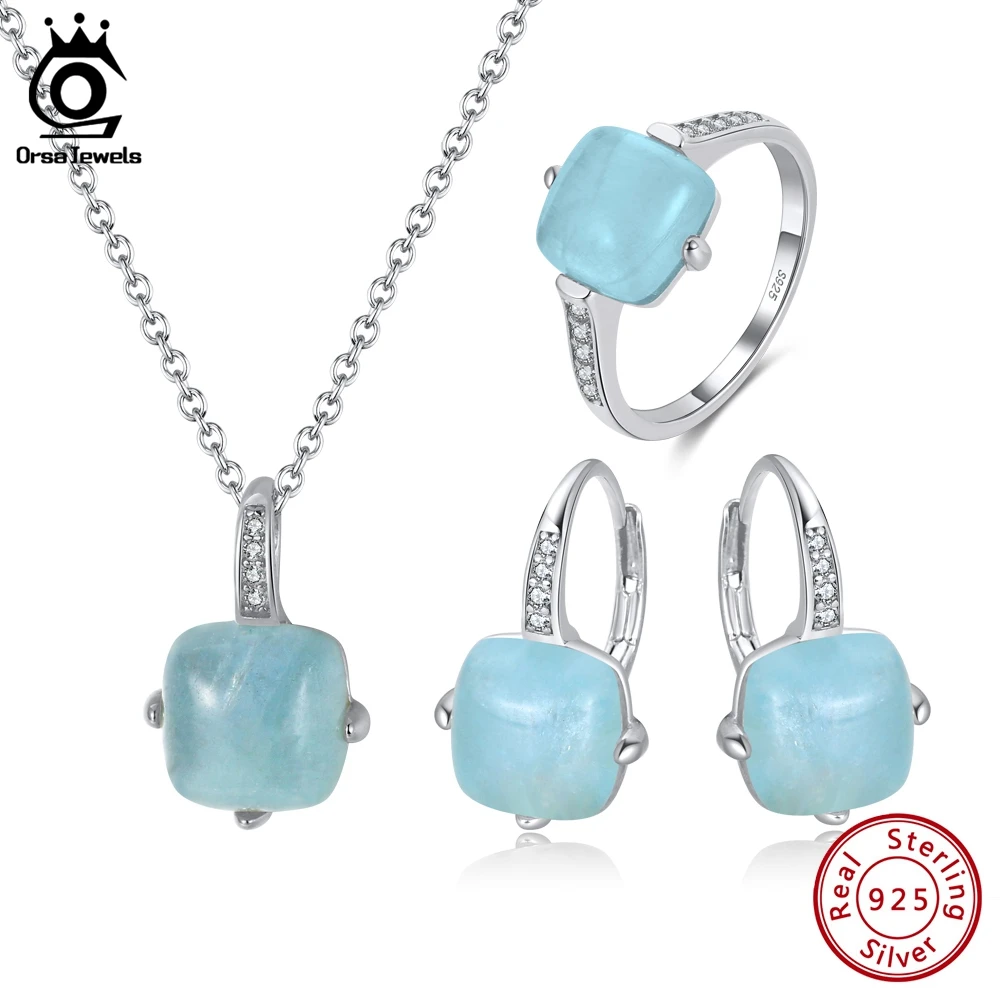 ORSA JEWELS 925 Sterling Silver Natural Aquamarine Earrings Necklace Ring Set 14K Gold Plated  Jewelry Set for Women Gift SSGM08