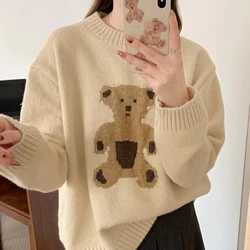 Cartoon Bear O-neck sweter z długimi rękawami damski zimowy nowy projekt wyczucie śliczne luźne Vintage wszechstronne bluzki z dzianiny damskie