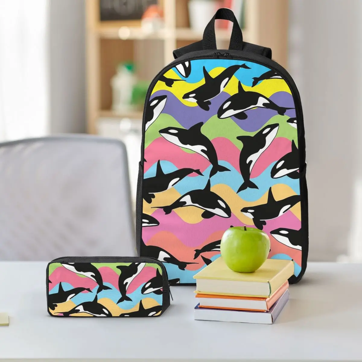 Orca Killer Whale Backpack Student BookBag School Bag Shoulder Bags 3ps Insulated Lunch Bag Pencil Case