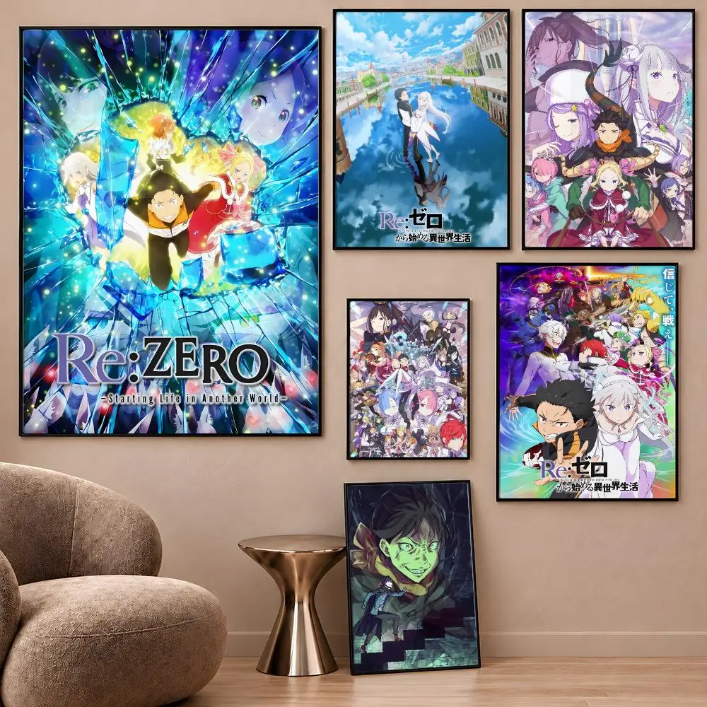 Anime ReZero Subaru Rem Emilia Ram Poster Aesthetic Wall Art Poster HD Waterproof PP Self Adhesive Bedroom Dorm Room Decor