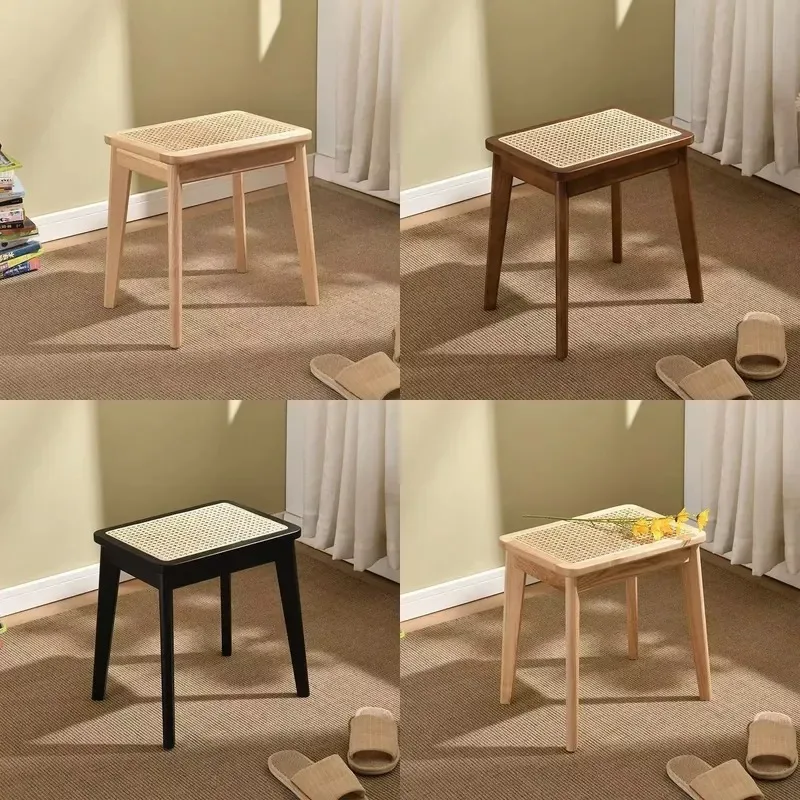 Nordic Rattan Solid Wood Small Square Stool Gray Makeup Vanity Seat Home Entrance Shoe Changing Bench Compact Footrest