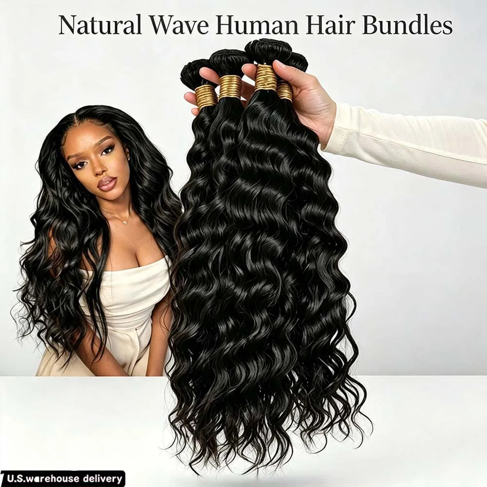 Natural Water Wave Human Hair Bundles Curly Deep Wave 3 Bundles Brazilian Natural Black Human Hair Remy Hair Human Hair For Autumn and Winter School Start Season Wholesale