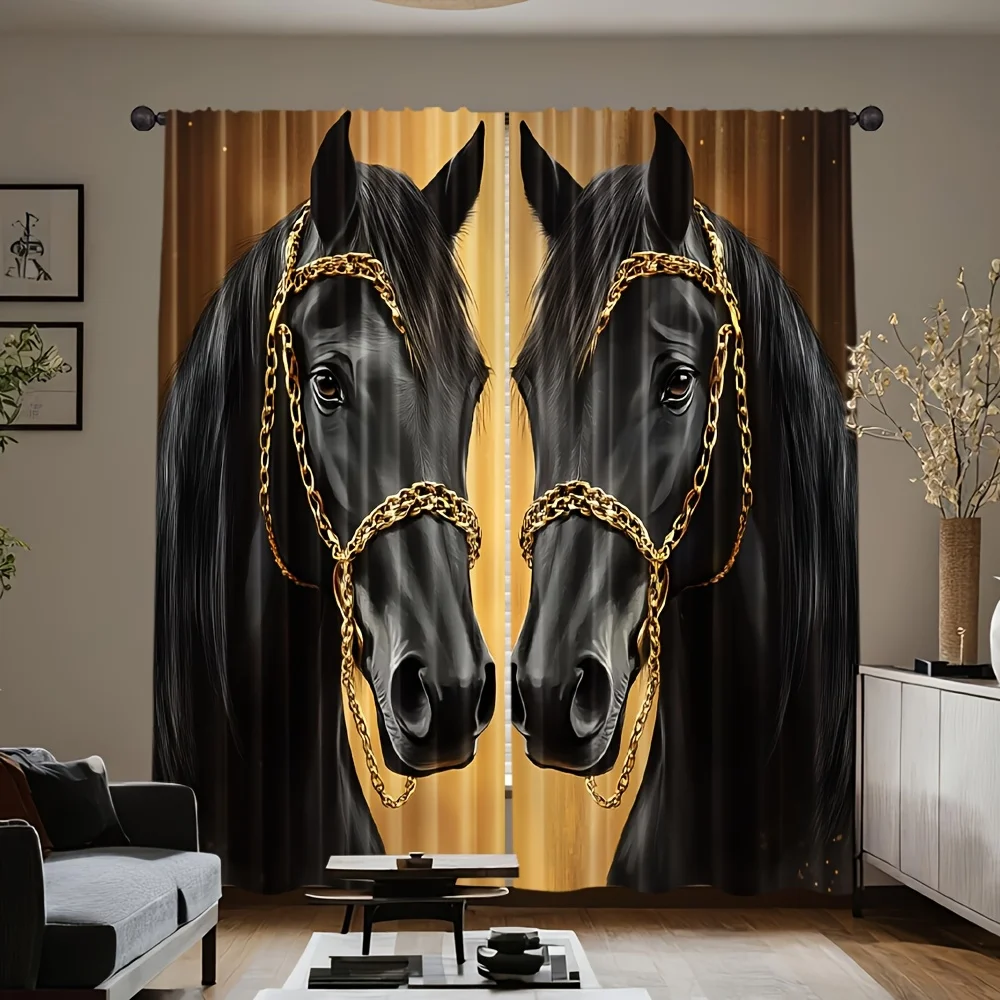 2pcs Black Horse Curtains Gold Chain Portrait Print Drape Luxury Bedroom Window Treatment Animal Art Home Decor Panels