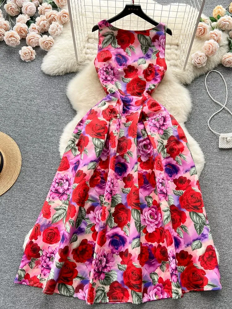 

Fashion New Summer Long Holiday Dress Women Vintage Printed Party Dresses Lady Sleeveless Dress O Neck Female Casual Vestidos