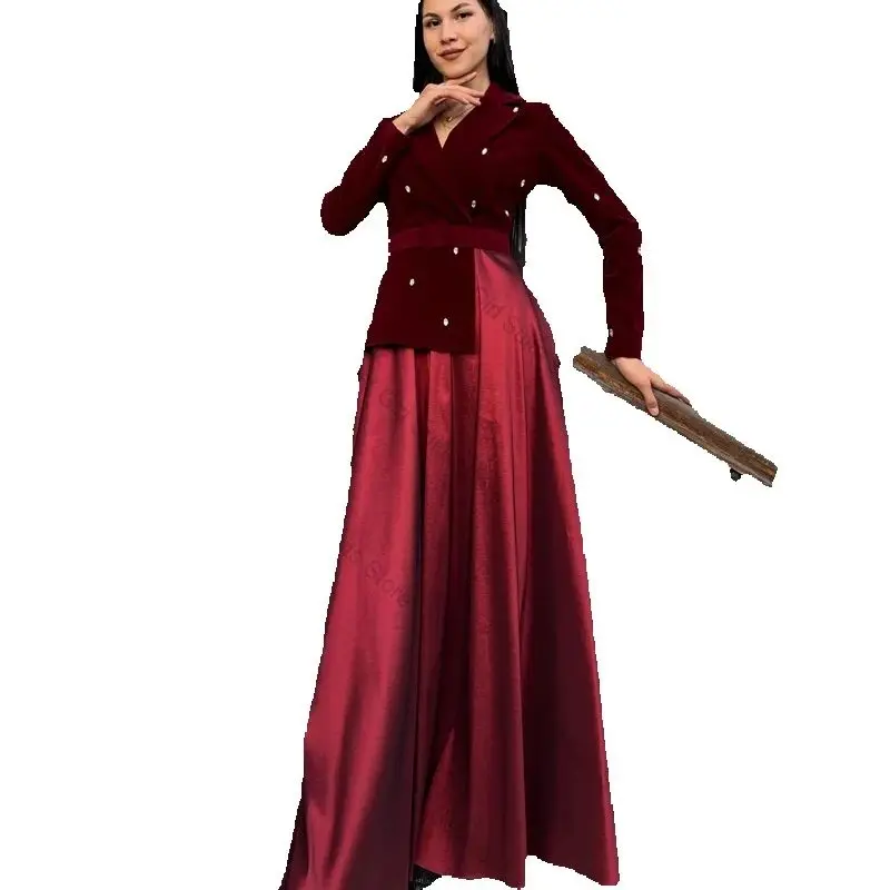 

Pearls Women Suit Skirt Set 2 Pcs Velvet Blazer+Satin Prom Dress Formal Office Business Jacket Customized Wedding Guest Coat