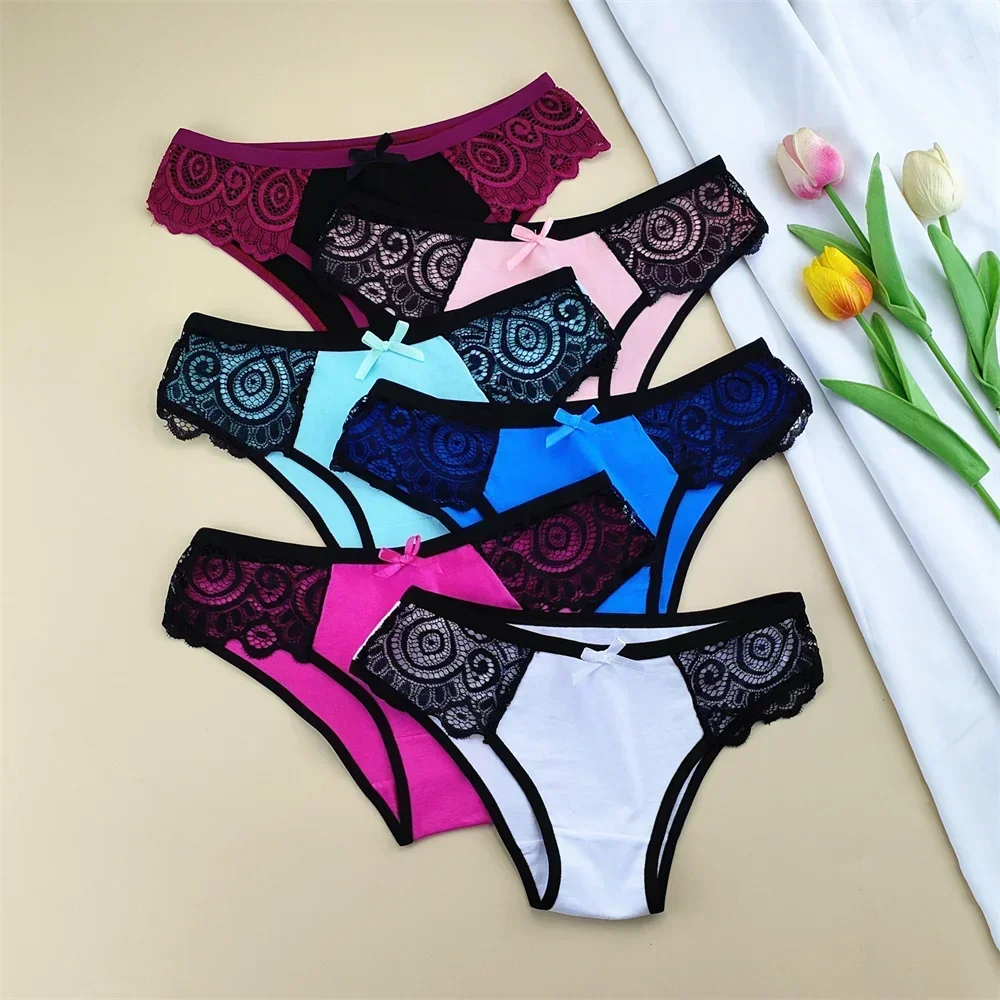 

6-компонентные кружевные лоскутные женские хлопковые трусы для девочек, сексуальные трусики с оборками и бантом, удобное нижнее белье