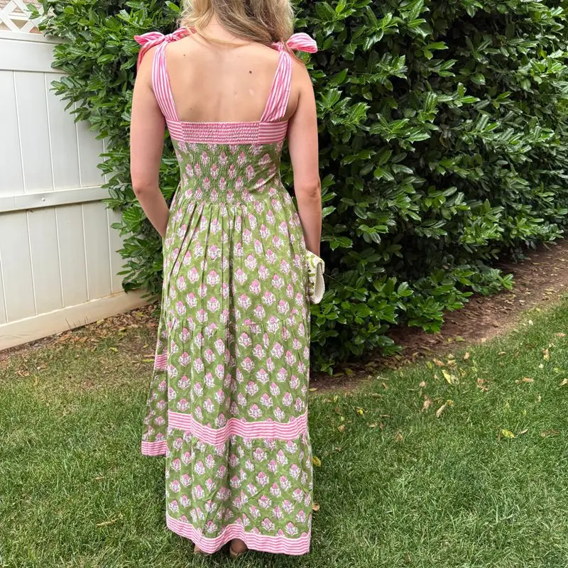 Combhasaki Women Summer Boho Wide Straps Bow Tied Shoulder Straps Square Neck Floral Striped Print Swing A-line Tank Long Dress