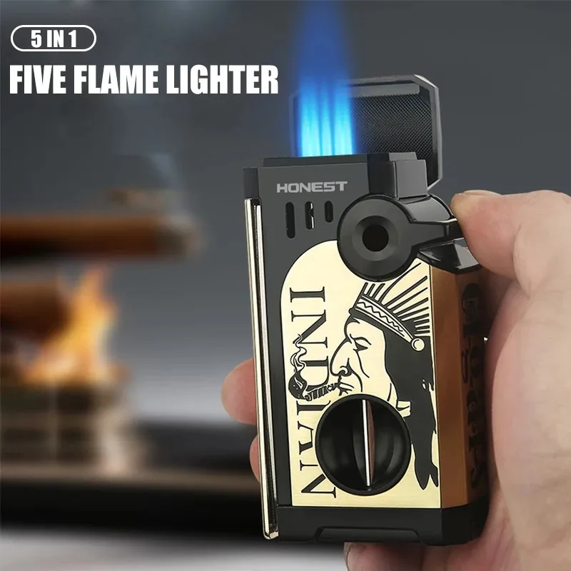 5‑In‑1 Cigar Lighter Adjustable Blue Jet Flame Alloy Double‑Sided Carved Folding Cutter Cigar Smoking Accessory