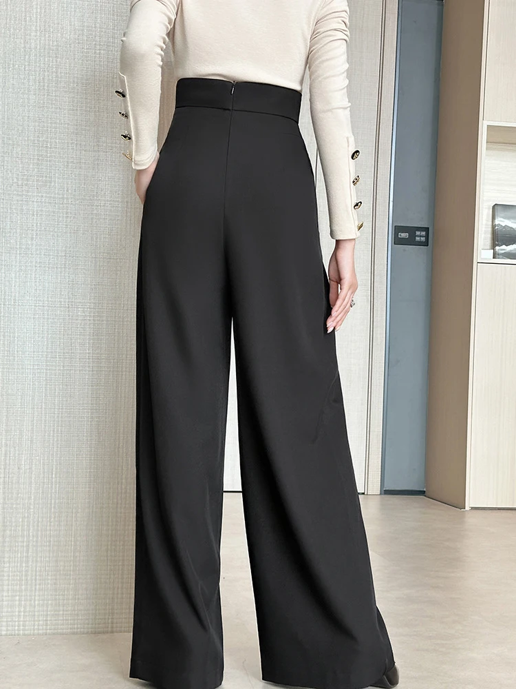 Pantaloni lunghi larghi larghi formali da lavoro neri Pantaloni eleganti da donna Mujer a vita alta con pieghe Pantaloni Abiti casual da donna di moda