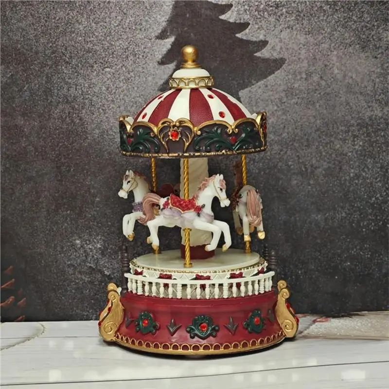 ABTI-For Christmas Birthday Gift Resin Craft Hand-Painted Vintage Carousel Music Box Rotating Music Box