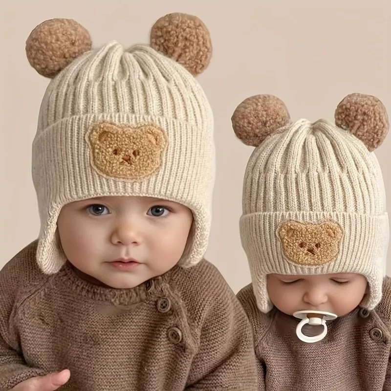 

Knitted Hat Suitable for Babies Aged 0-3, Cute Little Bear Ear Protection Hat, Thick and Warm for Children in Winter