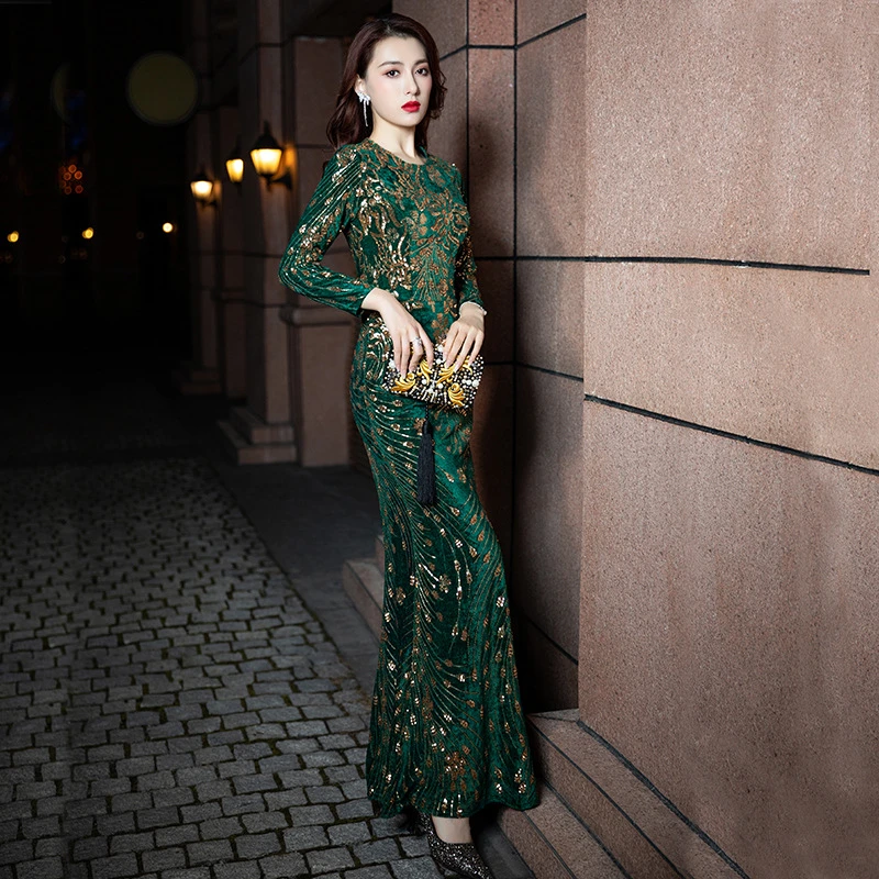 

Evening Dress Fishtail Host Long Sleeve And Green Temperament Banquet Sequined Dress H8922