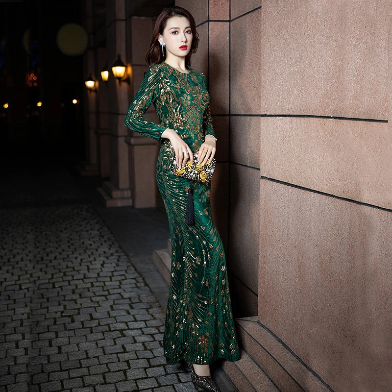 Evening Dress Fishtail Host Long Sleeve And Green Temperament Banquet Sequined Dress H8922