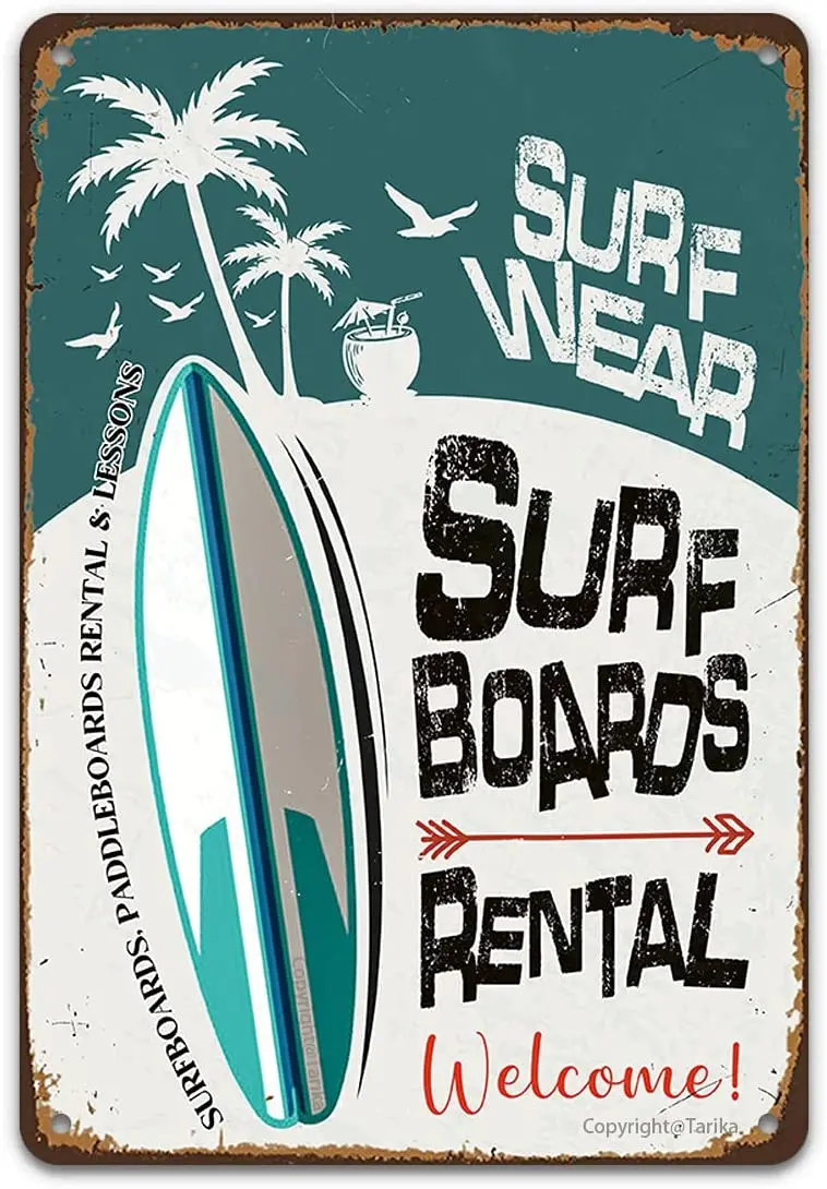 Surfboards Rental Welcome Surfboards Rental & Lessons Vintage Tin Signs Wall Decor, Retro Metal Sign for Outdoor Indoor Home