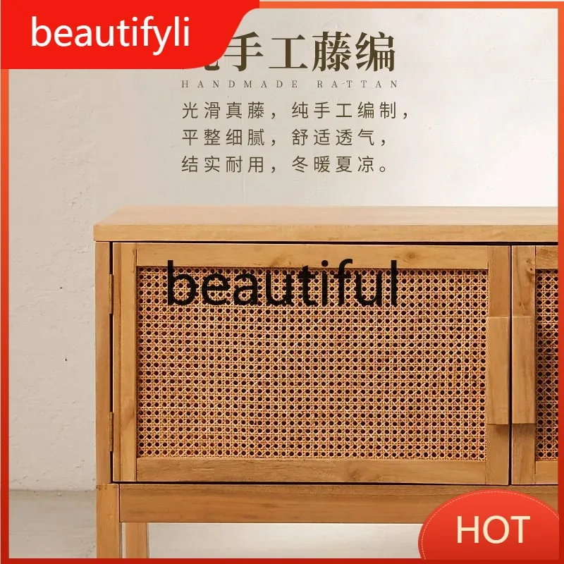 A139 Rattan all solid wood TV cabinet Nordic postmodern living room ash wood swing door floor cabinet