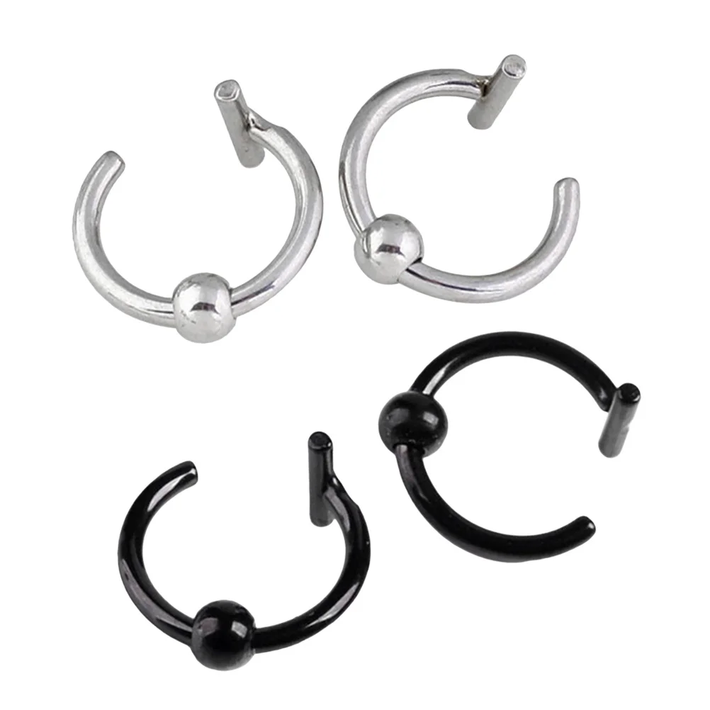 Conjunto de anel de nariz falso, 4 unidades, aço inoxidável, piercing corporal, joias, cor preta e aço, uso versátil para mulheres, homens, nariz