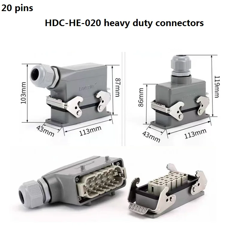 

HDC-HE-020 rectangular heavy-duty connector with 20 pins / core aviation waterproof industrial plug and socket, 16A, 500V
