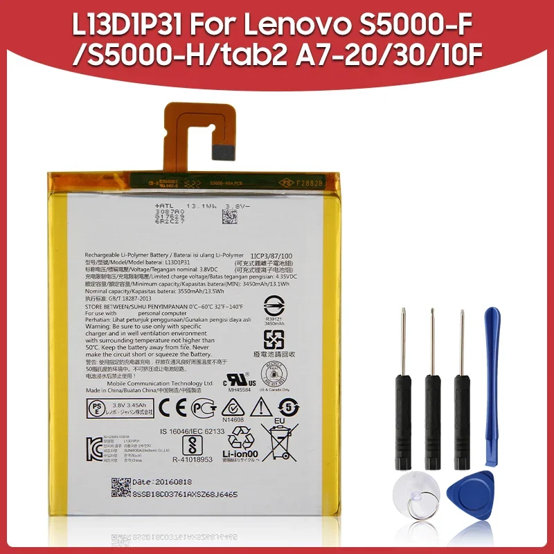 

2024 Replacement Battery L13D1P31 For Lenovo S5000-F/S5000-H/tab2 A7-20/30/10F Rechargable Batteries 3450mAh Long Lifespan