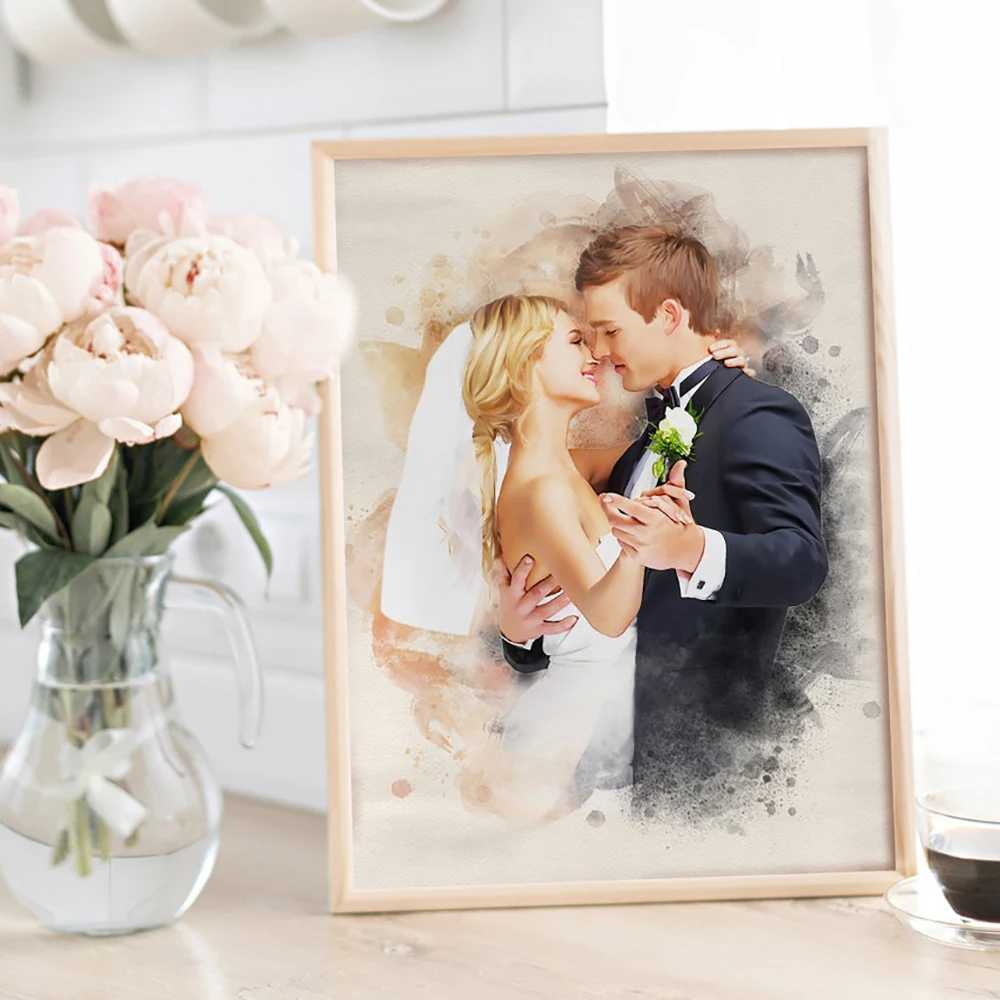 Pintura de boda de acuarela personalizada de foto, retrato personalizado en lienzo, arte de parejas, regalo de aniversario romántico, póster impreso