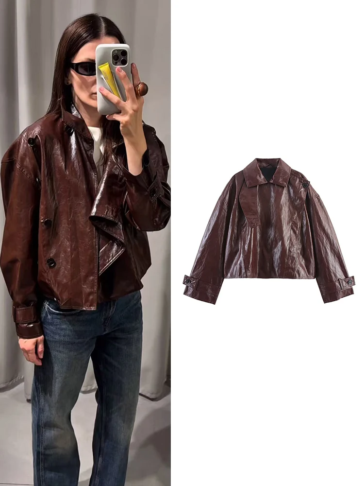 

Осенняя женская куртка из искусственной кожи, повседневная однотонная кожаная куртка на пуговицах с длинными рукавами, новая модная женская свободная уличная одежда
