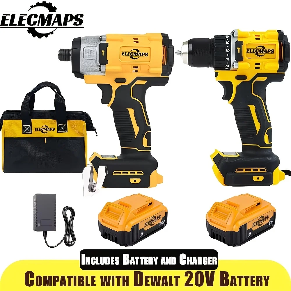 

ELECMAPS Brushless Impact Driver and Hammer Drill Combo Kit, for Dewalt 20V Batteries. Compact Tool Set Available in Various Combo Configurations. Suitable for Home Renovations, Professional Contractors, and DIY Enthusiasts. A Great Gift for Men