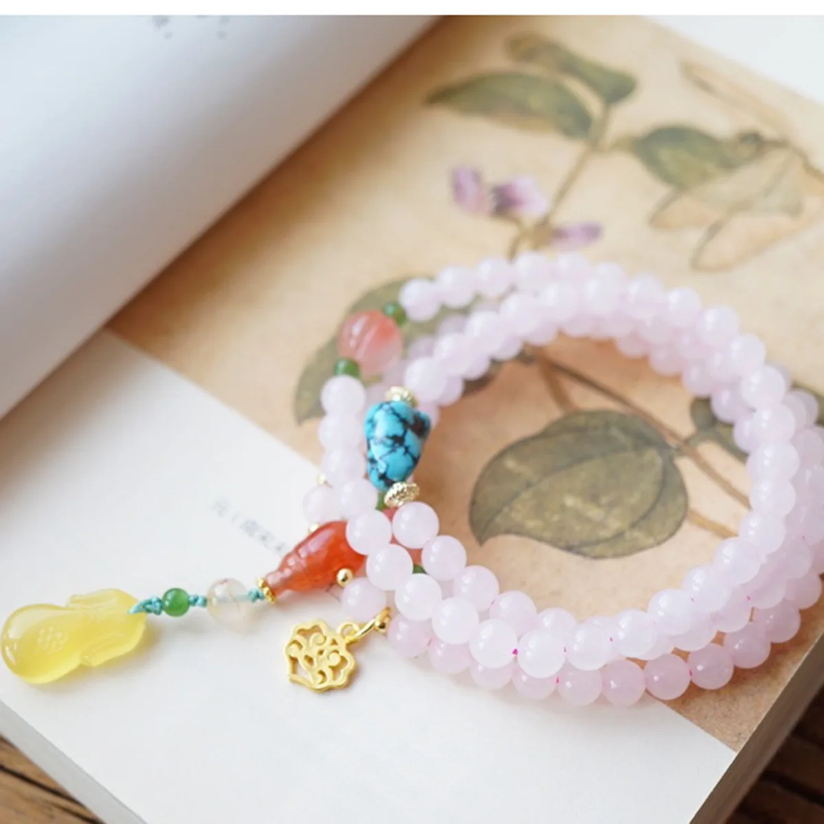 Natural Light Pink Hetian Jade Multi Loop Bracelet Women Chinese Style Mixed Gemstone Beaded Hand Jewelry
