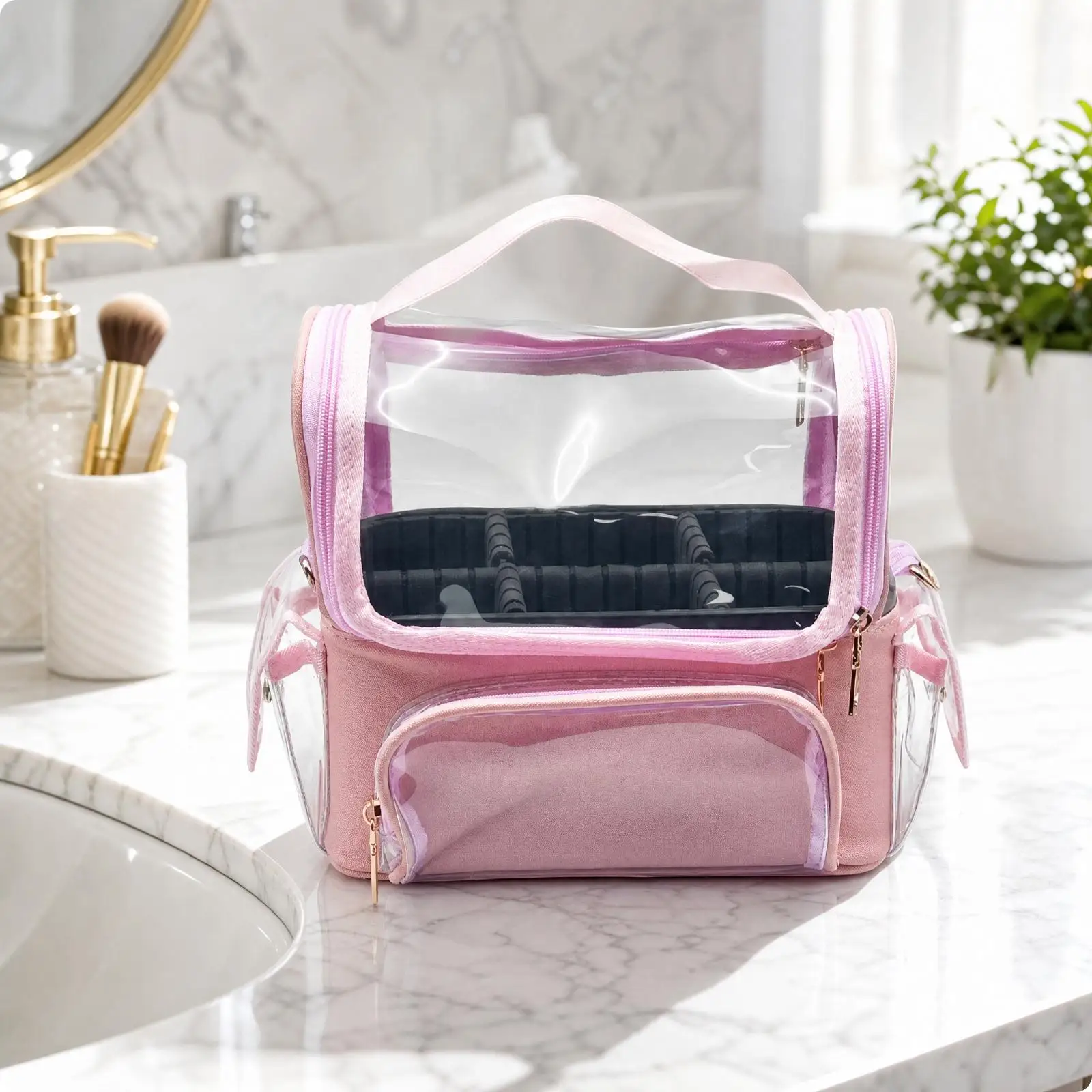 PU Travel Toiletry Pouch Cosmetic Organizer with Adjustable Divider Clear View Storage Bag