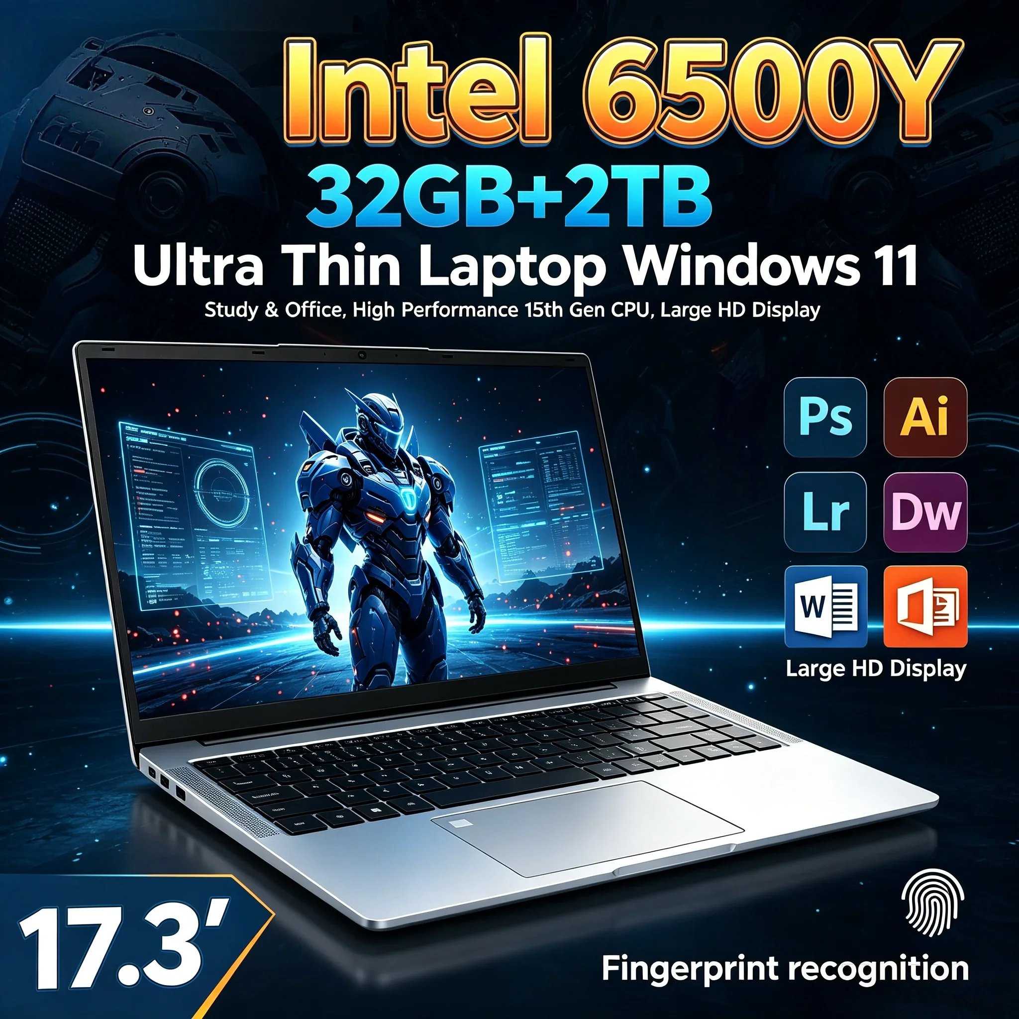 New Portable Notebook 17.3'' Inch HD Screen Intel 6500Y 32GB RAM 1TB/2TB SSD Windows 11 WiFi6 BT5.2 Laptop For Daily Office Job