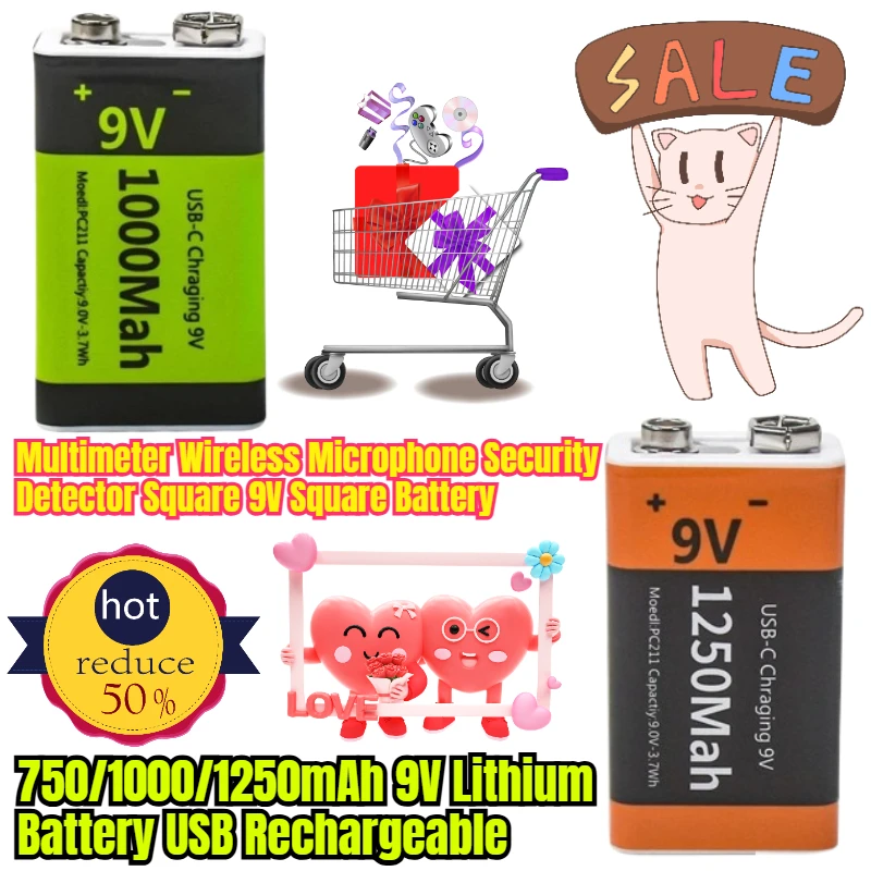 

750/1000/1250mAh 9V Lithium Battery USB Rechargeable Multimeter Wireless Microphone Security Detector Square 9V Square Battery