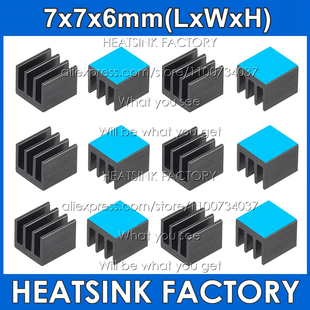 

Free Shipping No Tape / With Thermal Tape, 7x7x6mm Black Anodized Aluminum Heatsink Chip Radiator Cooler for VGA RAM,IC Chips